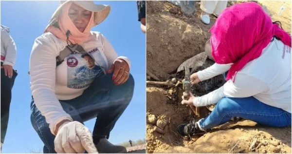 Dos mujeres realizan labores de búsqueda y excavación en un terreno árido para encontrar a personas desaparecidas.