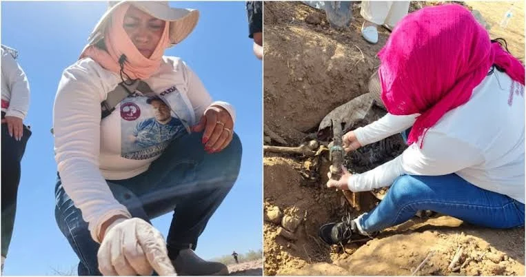 Personas con guantes realizando una búsqueda en terreno con tierra y elementos al aire libre.