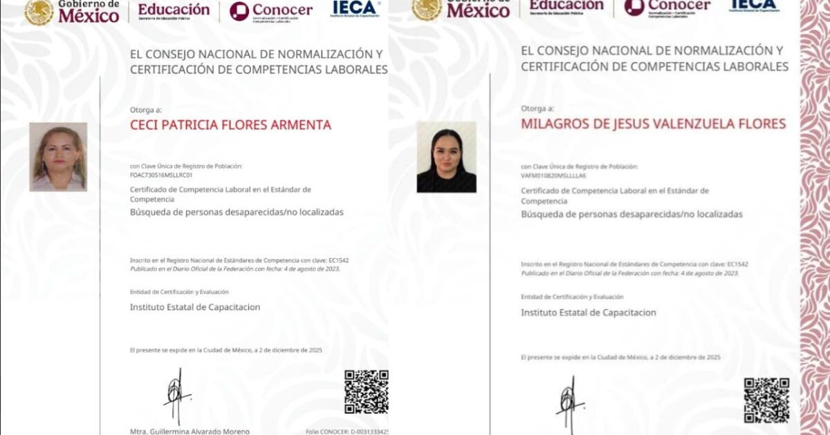 Imagen de dos certificados oficiales para la búsqueda de personas desaparecidas emitidos por autoridades mexicanas.