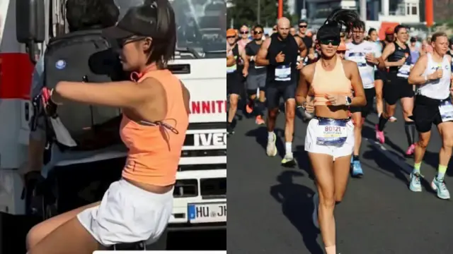 Composición de fotos mostrando a una corredora en un maratón y a la misma mujer en una bicicleta.