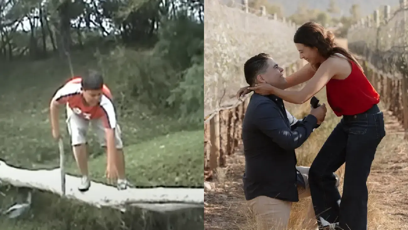Comparación entre el niño del video viral y el mismo hombre años después proponiendo matrimonio a su pareja.
