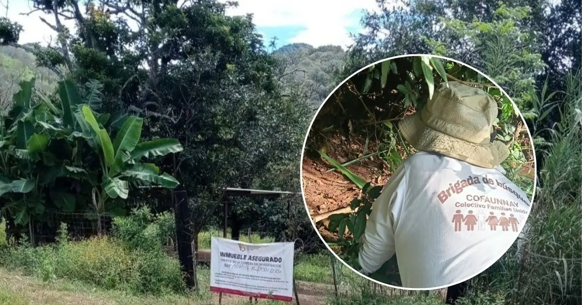 Terreno rural con cartel de inmueble asegurado e integrante de brigada de búsqueda en un círculo insertado.