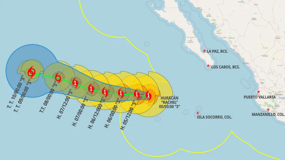 Mapa de trayectoria del huracán Rachel aproximándose a Baja California, mostrando conos de pronóstico y horas.