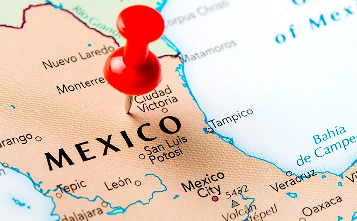Mapa de México con un chinche rojo señalando una ubicación geográfica en el territorio nacional.